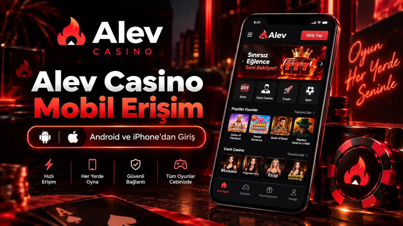 Alev Casino mobil erişim, Android ve iPhone tarayıcı girişi
